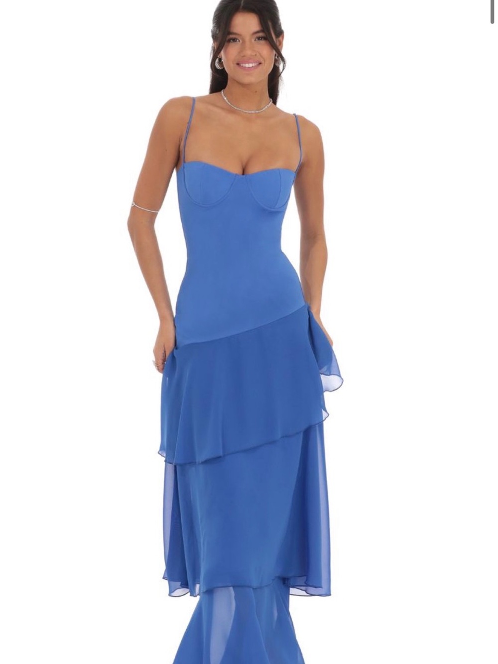 Lucy In The Sky Long Ruffle Maxi Dress in Blue